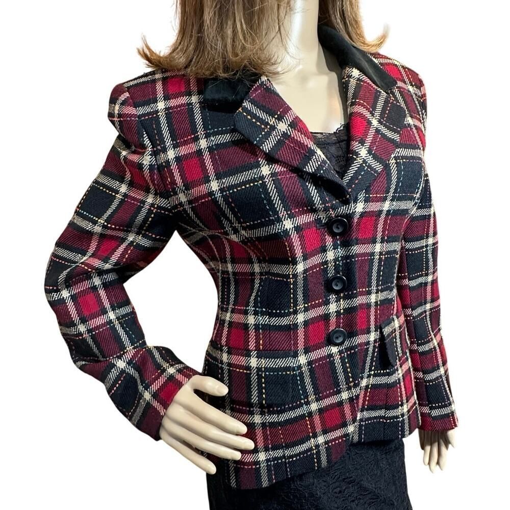 VTG USA 100% Wool Plaid Velvet Collar Old Money Career Blazer Women SZ 6 Jacket